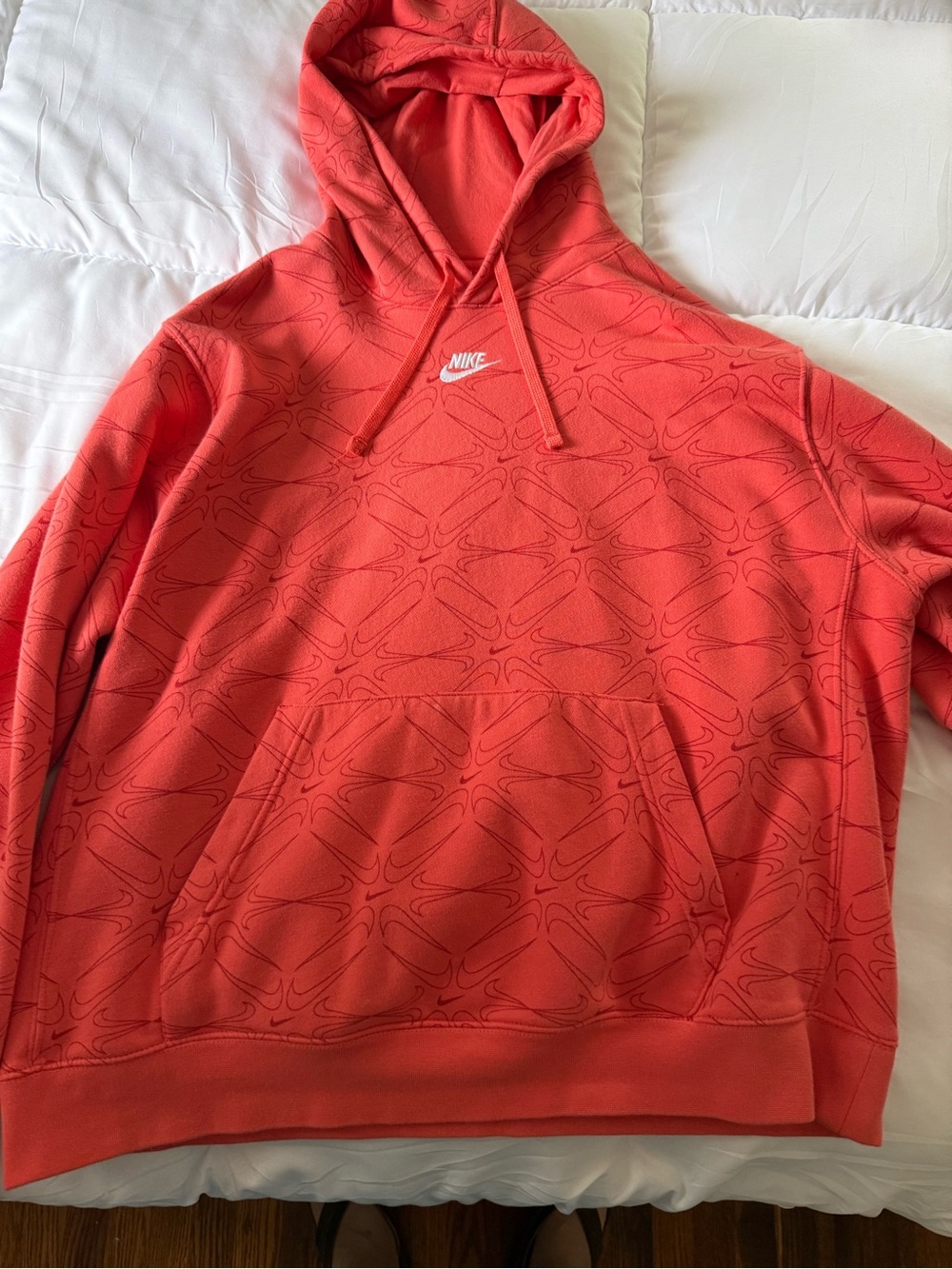 Nike Coral Red Crewneck Hoodie with Subtle Allover Swoosh Pattern